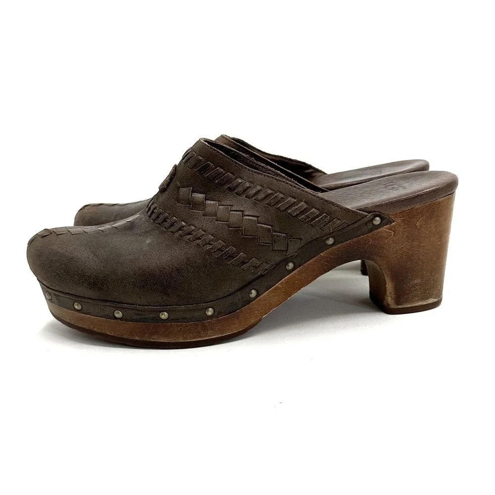 Ugg | Vivica Brown Woven Leather Wooden Clog Size US 8 - Picture 4 of 13